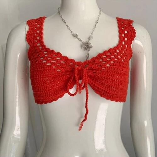 Women Short Blouse Summer Casual Fanshaped Sleeve Crocheted female Crop Top Sexy Hollowed-out Bikini Top