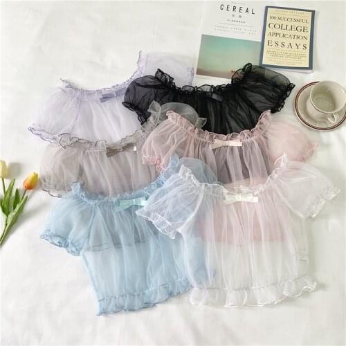 Summer Cute Short Sleeve Light Chiffon Short Shirt Girls Inner Blouse Japanese Lolita Bows Pullover Tops 6 Colors Preppy Style