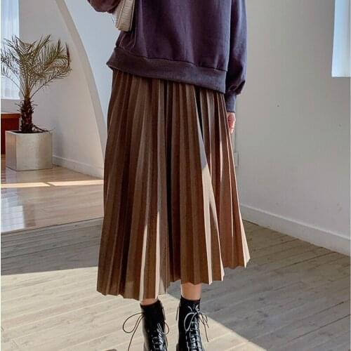 2020 Spring Chic Pleated High Waist A-Line Women Saia Boho Vintage Long Skirts Faldas Jupe Femme