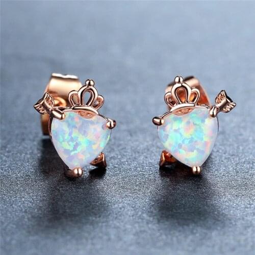 Female Love Heart Small Stud Earrings Charming White Blue Opal Stone Earrings Vintage Rose Gold Color Wedding Earrings For Women