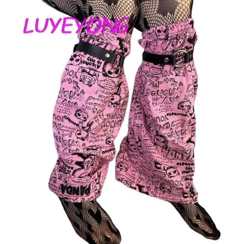 Pink Lolita Women Sweet Y2k Cute Mid-calf Sock PU Strap Strudent Cool Basic Streetwear Lovely Cartoon Bear Print Lady Leg Warmer