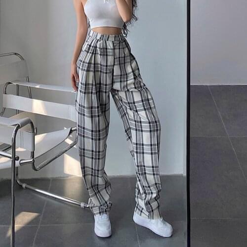 WOMENGAGA Street Plaid High Waist Loose Slim Casual Pants Straight Loose Trousers Women Streetwear Sweatpants Pantalon Boho OP54