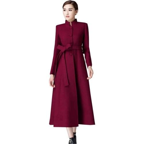 Womens Long Trench coat Stand-up Collar Slim Wool coat 2020 Autumn Winter Fashion New Plus size Woolen coat Female Outerwear