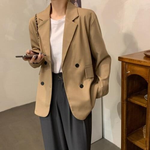 2021 New Autumn Winter Black Double Breasted Womens Blazer Notched Collar Casual Loose Office Workwear Chic Outwear Ladies