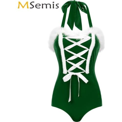 Women Lingerie Naughty Navidad Cosplay Costume Clubwear Faux Fur Trim Lace Up Flannel Bodysuit Christmas Sexy Baby Doll Catsuit