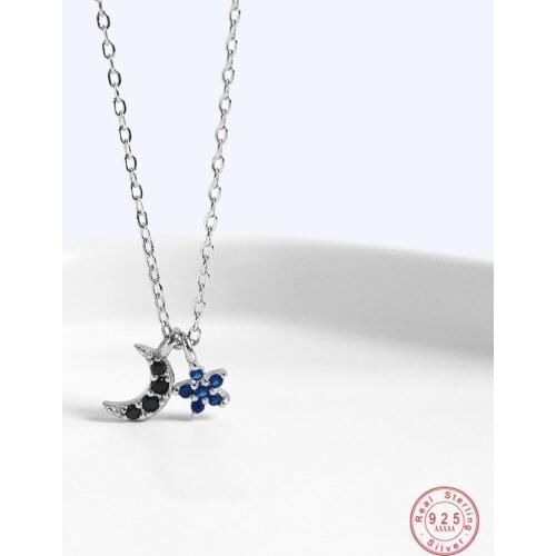 Sterling Silver Minimalist Pavé Crystal Mini Blue Stars Moon Pendant Necklace Women Fashion Birthday Party Jewelry Accessories
