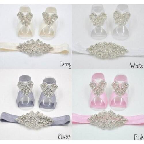 15set/lot 4 Colors Newborn Barefoot Sandals Newbron Rhinestone Sandals Christening Headband & Sandals