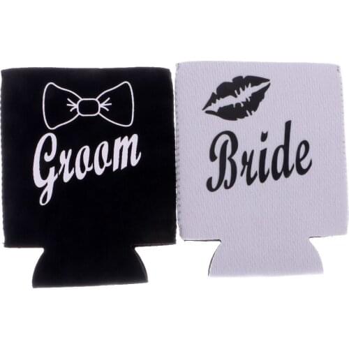 2pcs Neoprene Can Cooler Bottle Insulated Cover Tin Insulator - Bride & Groom - Wedding Party Favors Supplies