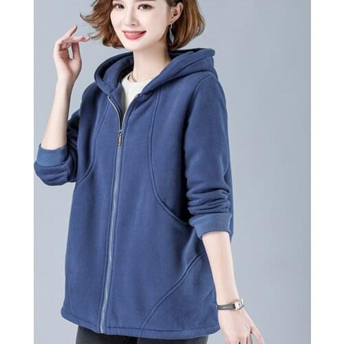 2020 Casual Fashion Autumn Winter Women Cotton Korean Loose Plus Velvet Thick Zipper Solid Color Hoodies Sweatshirt Tops