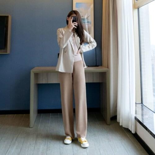 2021 Autumn Winter Women Thick Warm Knitted Pants Female Wide Leg Drawsring Pants Ladies High Waist Casual Loose Trousers U524