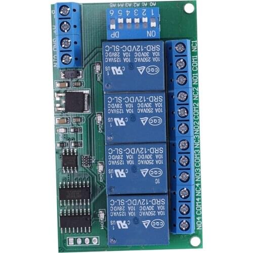 4 Channel DC 12V RS485 Relay Module Modbus RTU and AT Command Remote Control Switch for PLC PTZ Camera Security Monitoring