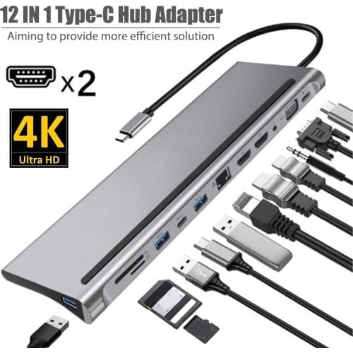 12 in 1 Type-C Hub USB3.1 to Dual HDMI-Compatible RJ45 VGA HUB MST Data Port Type-C Smart Docking Station for Notebook