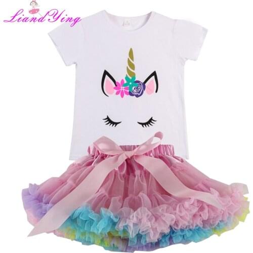 Summer Girls Clothing Sets Rainbow Casual Cotton Horse Print Short Sleeve T-shirt+Rainbow Tutu Skirts Children Kids Girl Clothes