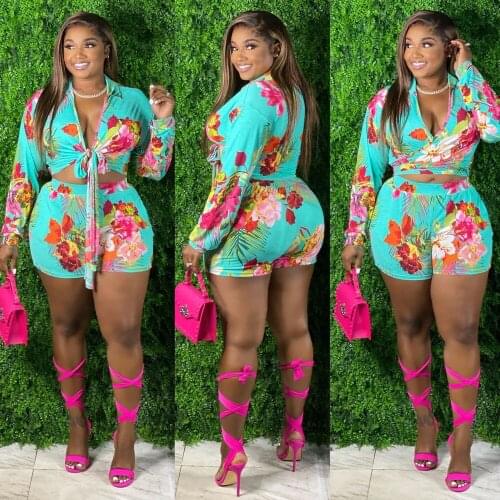 2 Piece Set Women Summer New Fashion Long-Sleeved Shirt Top + Elastic Waist Shorts Sets Sexy Women Sets Bohemian Club Nightclub