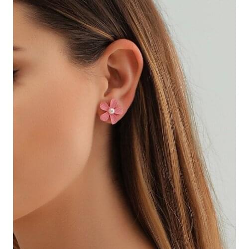 Candy Color Flower Stud Earrings for Women Girls Sweet Imitation Pearl Plant Floral Ear Studs Earings Summer Trendy Jewelry