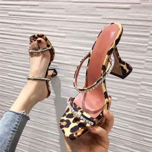 Fashion Women Rhinestone Slippers Sandals Strange Cup Heels Sexy Leopard Print Square Toe Ladies Dress Shoes 2021 New