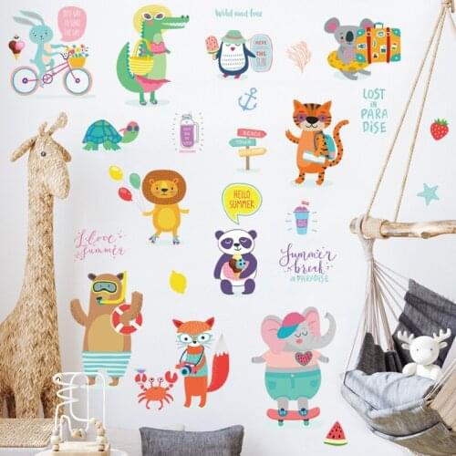 Cartoon Friendly Animal Wall Stickers for Kids Room Elephant Lion Forest Animals Home Decor for Children Happy Sticker