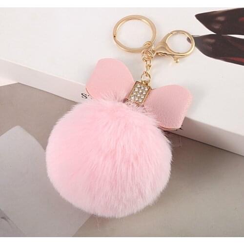 New 8CM Bow Faux Fur Pompom Hair Ball Keychain KeyRing For Women Fashion Bag Car Handbag Hanging Pendant Keychains Accessories