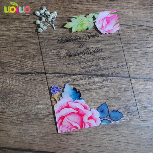 New arrival lovely romantic wedding invitation card acrylic material handmade lace flower invitation cards with printing