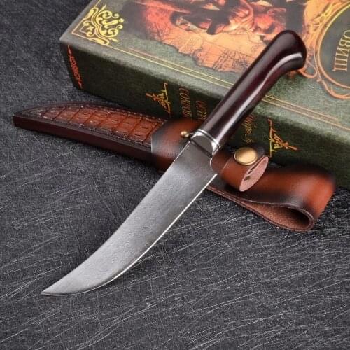 Handmade forged Damascus steel hunting knife 60 HRC Damascus Steel fixed knife ebony handle with Leather sheath