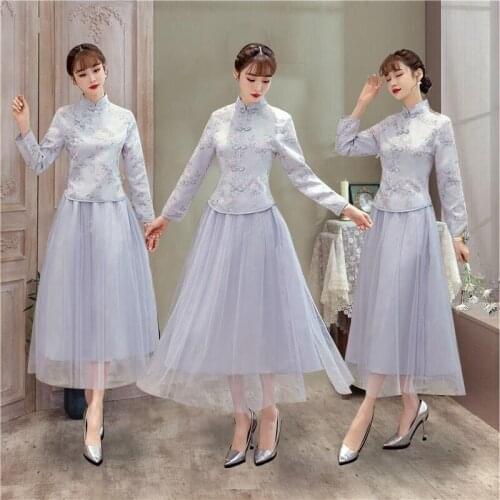 Autumn A-line Three Quarter Stand Collar Knee-length Floral Buttons Mesh Red Gray Blue Vintage Plus Size Bridesmaid Dresses 9851