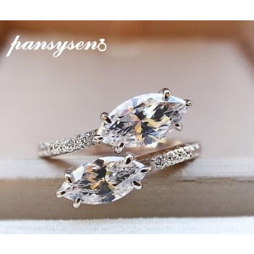 PANSYSEN Classic 100% 925 Sterling Silver Marquise Created Moissanite Diamond Wedding Bands Engagement Rings Fine Jewelry Gift