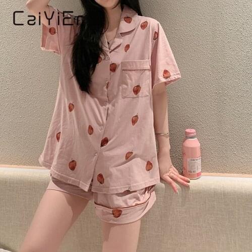 CAIYIER Lovely Strawberry Girls Pajamas Set Summer Cotton Casual Nightwear Sweet T-Shirts Shorts Sleepwear For Women Homewear ML