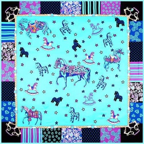 POBING 100% Twill Silk Square Scarf Women Carousel Horse Print Foulard Head Scarves Wraps NecKerchief Office Lady Bandana 130CM