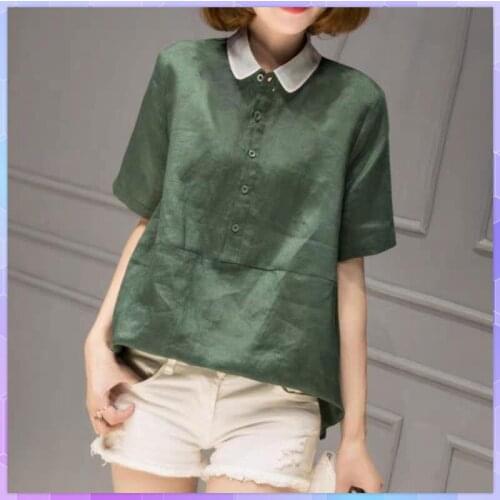 Casual Cotton And Linen Tee Shirts Short-sleeved Womens Blusas Tops Summer Doll Collar T-shirt Large Size Solid Loose Tshirt