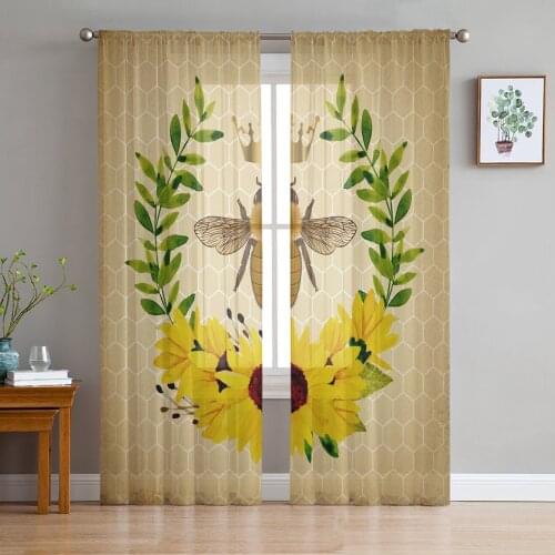 Retro Bee Flower Sunflower Hive Sheer Curtains for Living Room Bedroom Kitchen Tulle for Windows Voile Drapes Home Decoration