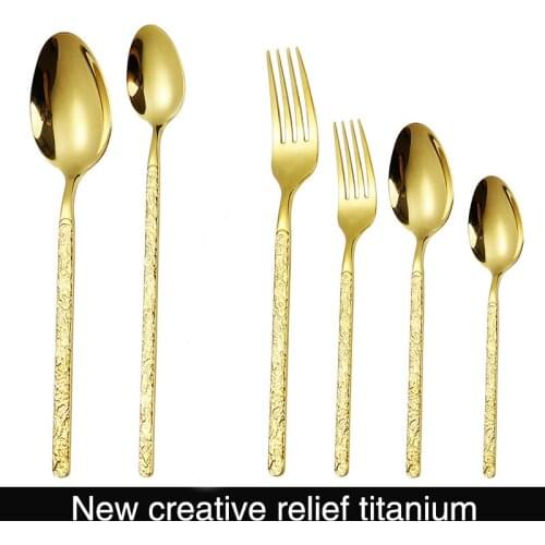 Relief titanium plated 201stainless steel knife fork and Spoon Set Spoon dessert spoon coffee spoon dinner knife fork fruit fork