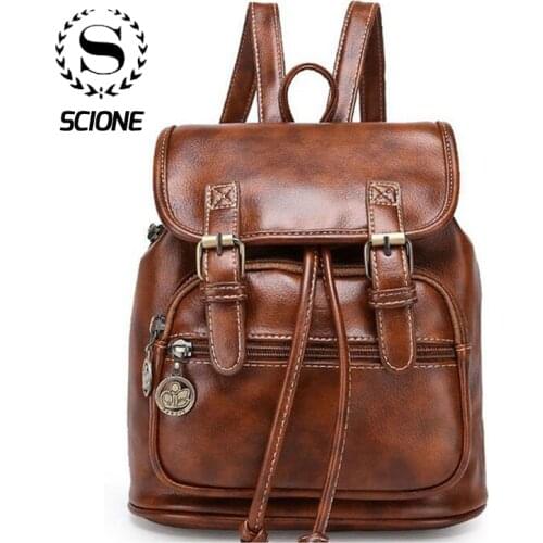 SCIONE Women Pu Leather Backpack Feminina Vintage Casual Drawstring Daily Travel Shoulder Bags Girls Teenager Bolsas Mochila