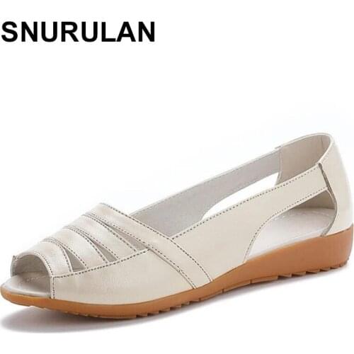 SNURULAN2021New Summer Soft Bottom Genuine Leather Sandals Fish Mouth Sandals Women Casual Sandals Fashion Concise Wedge Sandals