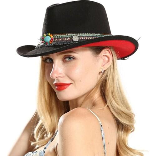 Fashion New Unisex Men Women Black Red Patchwork Cowboy Felt Hat Larger Brim Panama Jazz Fedora Hats with National Style Ribbon