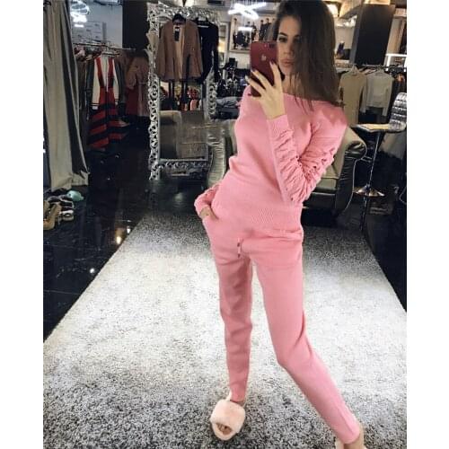 2020 O-neck Special Offer Cashmere New Knit Suit Mink Crimp Sleeves Round Collar Pullover Casual Trousers Two-piece Female