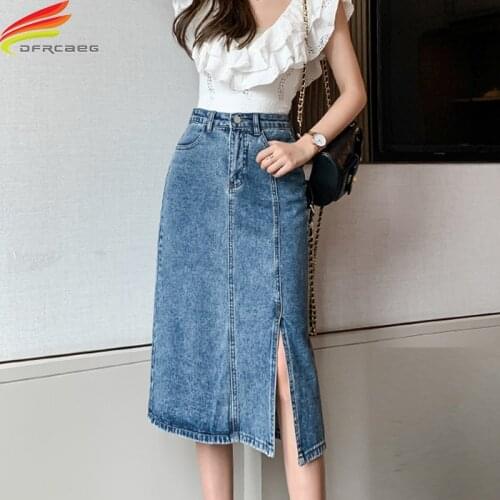 New 2021 Summer High Waist Women Denim Skirt Long A Line Black Or Blue Side Slit Casual Jeans Skirts Womens With Pockets Jupe