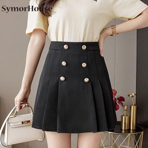 2021 Summer New Women High Waist Mini Skirt Korean Fashion Student A-line Skirt breasted Pleated Skirt Black Apricot