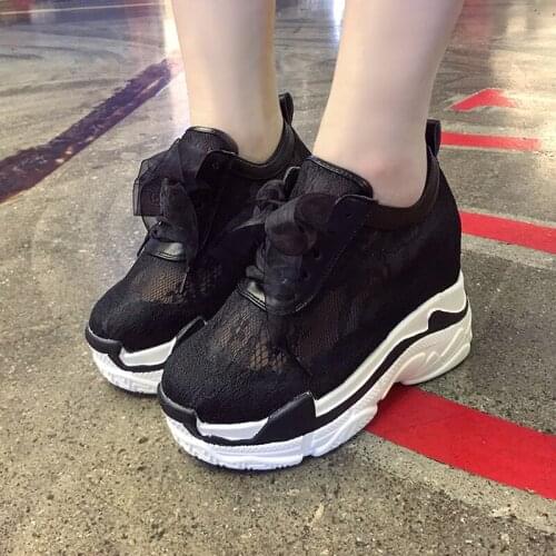 Summer Breathable Chunky Sneakers for Women Lace Mesh Woman High Platform Vulcanize Shoes Thick Bottom Sandals 10 cm