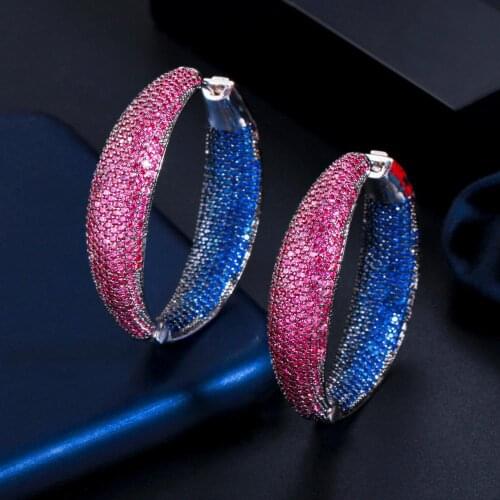 ThreeGraces Unique Mirco Pave Blue Red Cubic Zirconia Stone Big Round Circle Hoop Earrings for Women Fashion Prom Jewelry ER523