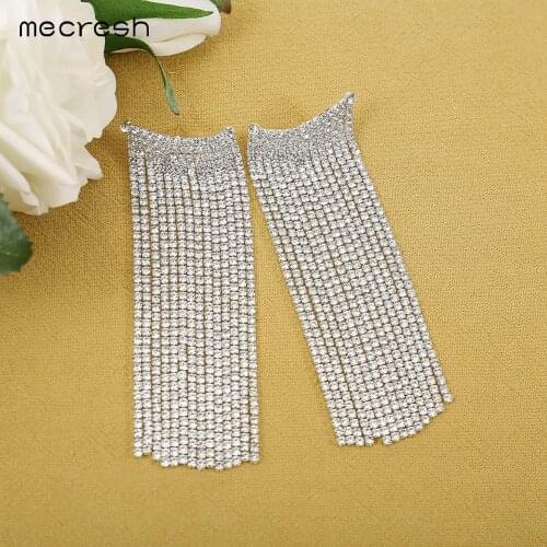Mecresh Clear Rhinestone Long Tassel Drop Earrings Women Ladies Wedding Bridal Geometric Metal Big Dangle Earring Jewelry EH1713