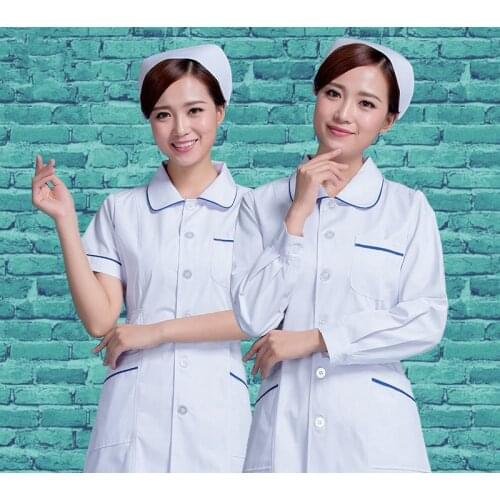 2019 Doctors serving long-sleeved white coat female nurse winter Slim waist overalls short-sleeved lab coat pharmacy
