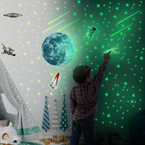 Zollor Luminous Moon Star Astronaut Wall Sticker Cartoons Spacecraft Rocket Aircraft Fluorescence Self-adhesive Wall Sticker