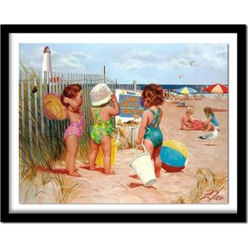 5D Diy Diamond Painting Cross Stitch Paintings Diamond Kits Diamond Embroidery Group Of Children Playing Seaside Romance