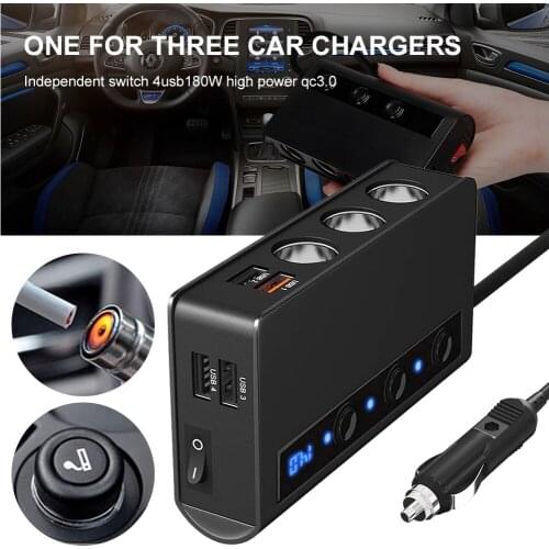 Car Charger 12/24V 4 USB Lighter Adapter QC3.0 Fast Charge 180W ON-OFF DC Power Car Splitter With 4-Port USB Car Charger