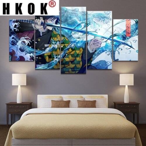 HKOK 5 Panel Anime Charater Demon Slayer Pictures Poster Wall Art Home Decor Modular Canvas HD Paintings Living Room Decor