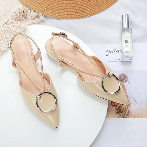 Summer leather low heel slingback sandals metal circle decoration back space shallow mouth womens single shoes Z530