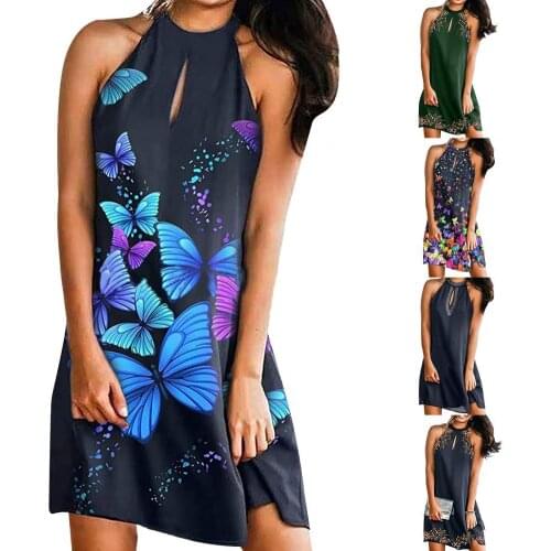 Hot Sales Women Dress Butterflies Print Strapless Summer Sleeveless Halter Dress for Dating
