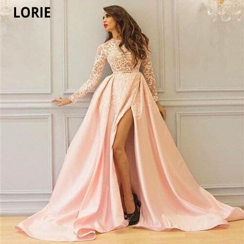 LORIE Long Sleeve Evening Dresses Elegant Lace Appliques Prom Party Gowns Satin Princess Formal Gown Boho Beach Dress High Split