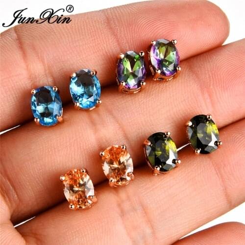 Cute Female Small Zircon Stone Earrings Fashion Rose Gold Color Stud Earrings For Women Blue Green Purple Rainbow Earrings