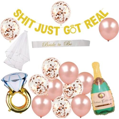 Wedding Decorations Set Rose Gold Latex Confetti Balloons Just Got Real Banner Bridal Sash Veil Bachelorette Party Supplies
